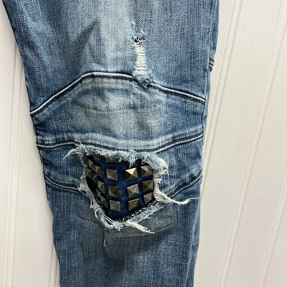True Religion Jeans Men 31 Blue Rocco Biker Relaxed‎ Skinny Distressed Studded
